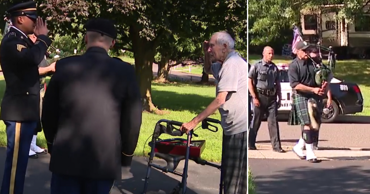 WWII veteran salutes, bagpiper walks up driveway