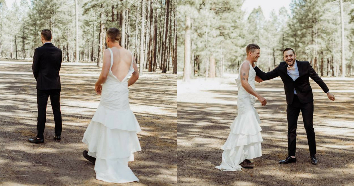 A bride decided to play a prank on her groom at her first look by having her best friend's brother sneak up in a wedding dress.
