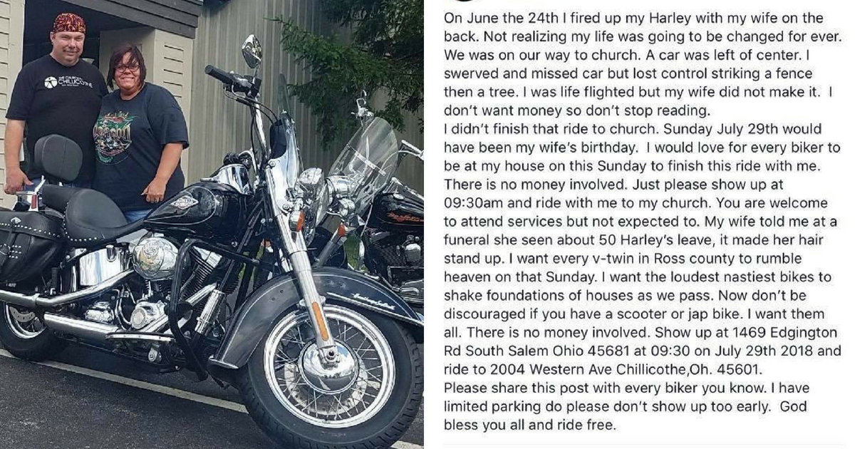 A man wrote a Facebook post asking for bikers to join him in riding to church in honor of his late wife.