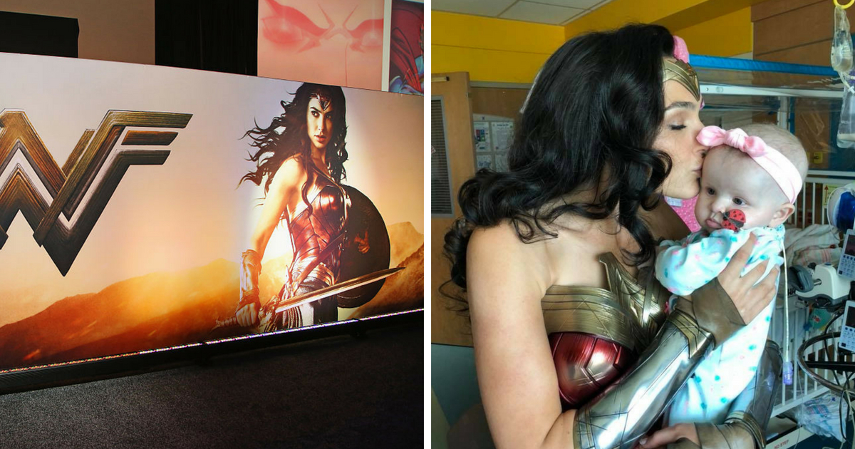 A poster for the upcoming Wonder Woman movie is displayed in the Warner Bros. booth at the Licensing Expo 2016 at the Mandalay Bay Convention Center on June 21, 2016 in Las Vegas, Nevada. ; Gal Gadot visits children fighting with cancer on a break of filming the next Wonder Woman movie.