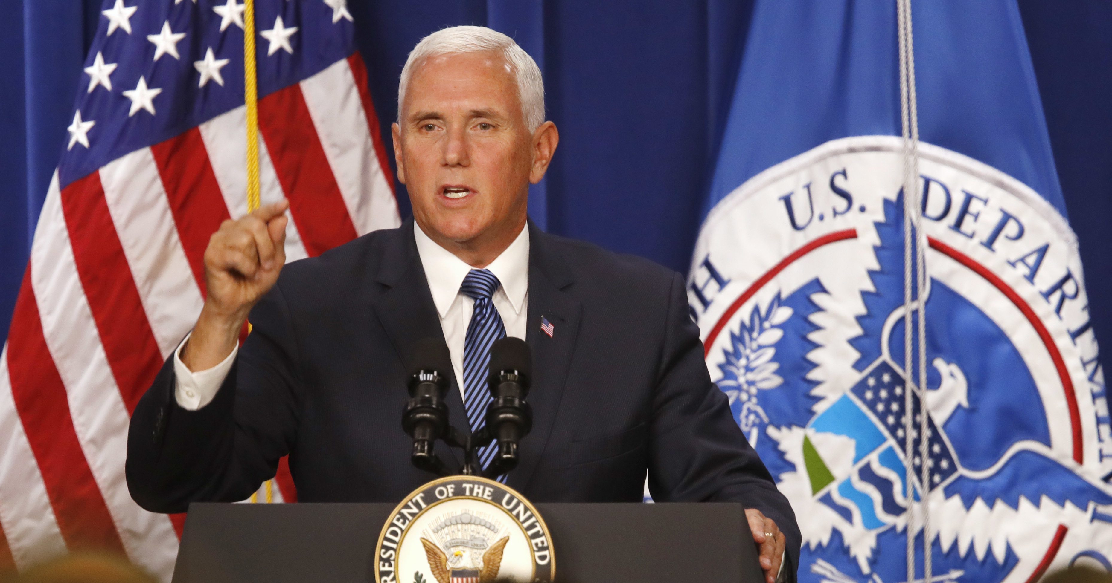 Vice President Mike Pence speaks at U.S. Immigration and Customs Enforcement (ICE), at ICE headquarters, Friday, July 6, 2018, in Washington. Pence is defending federal immigration authorities charged with detaining and deporting unauthorized immigrants and accusing Democrats of making opposition to the agency the "center" of their party.
