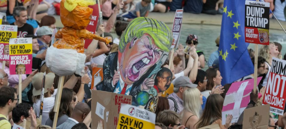 Demonstrators are seen during a demonstration against the visit to the UK by US President Donald Trump
