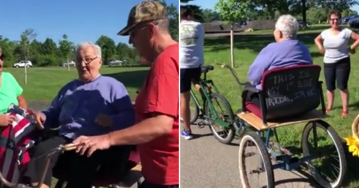 A grandmother rides her first bike.