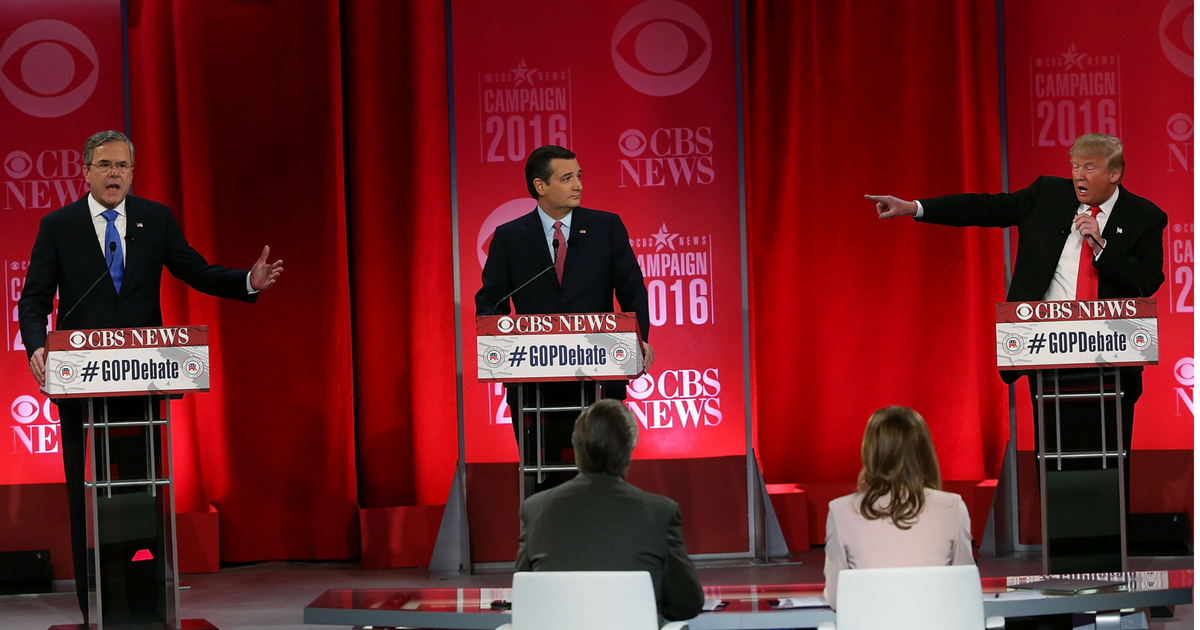 Republican presidential candidates (L-R) Jeb Bush, Sen. Ted Cruz (R-TX) and Donald Trump participate in a CBS News GOP Debate February 13, 2016