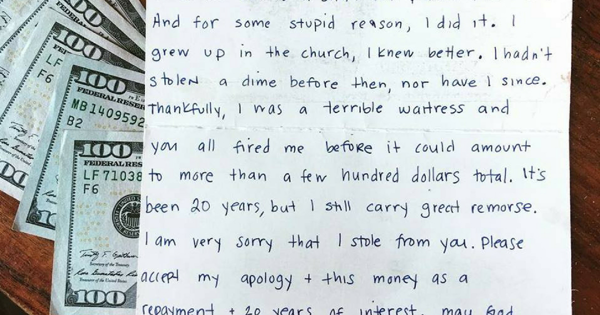 An apology letter with money inside.