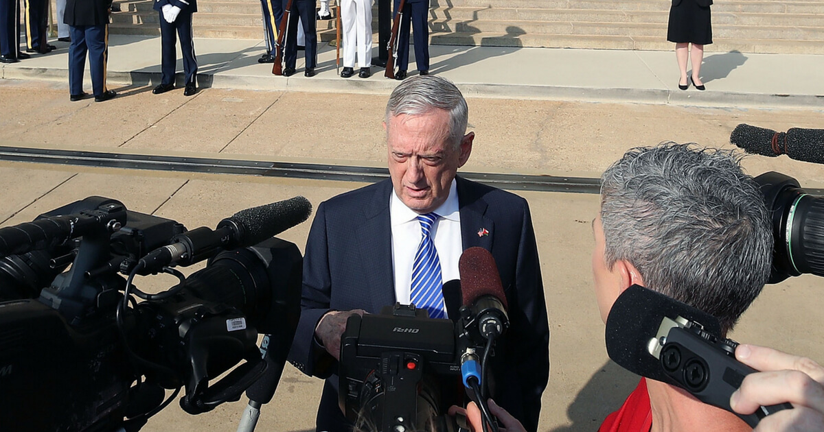 ecretary of Defense Jim Mattis speaks to the media at the Pentagon River Entrance