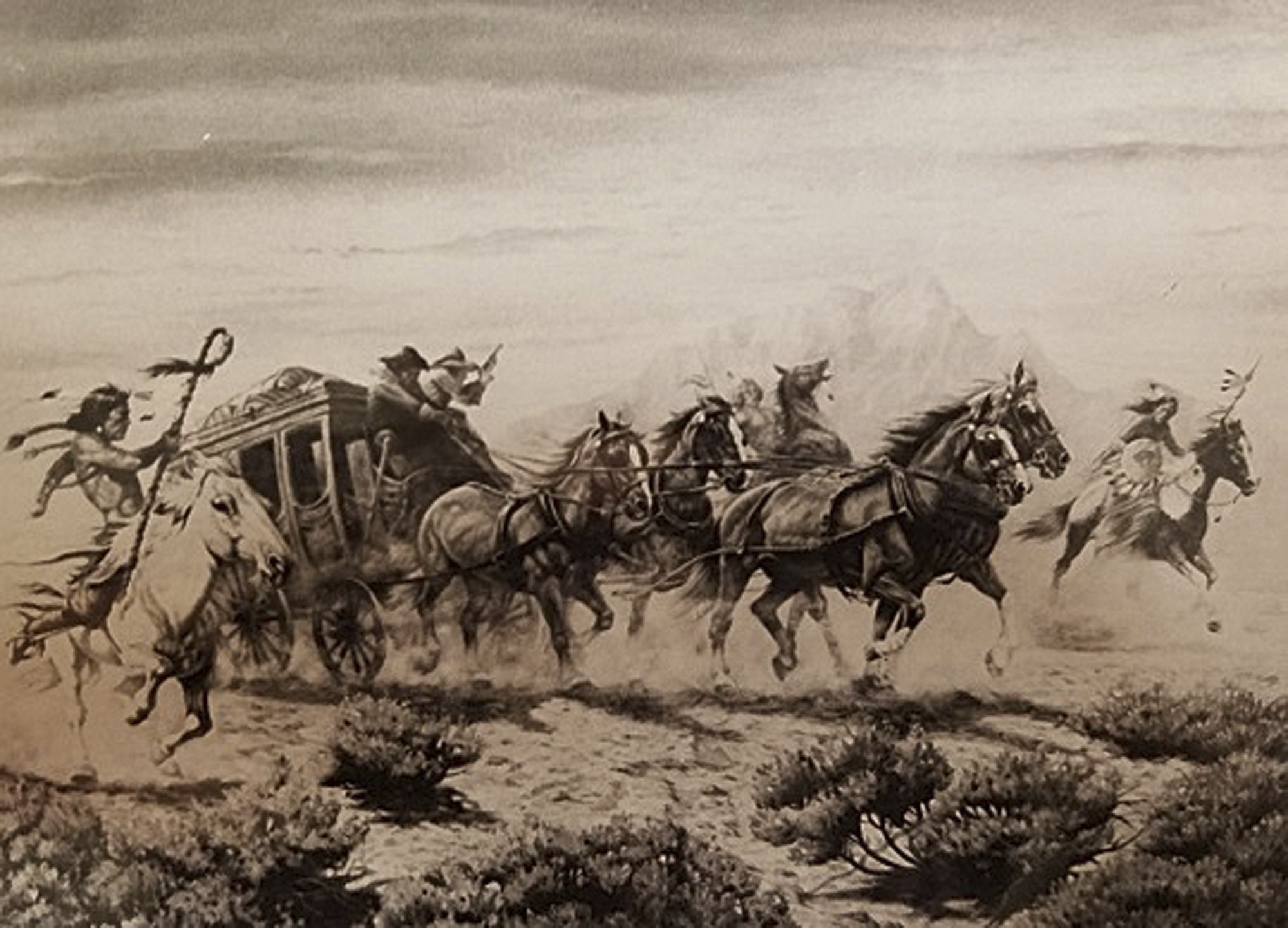This artwork depicting a Western scene with a stage coach and Indians is among the items stolen from the Staten Island, N.Y., home of artist Gregory Perillo in 1983.