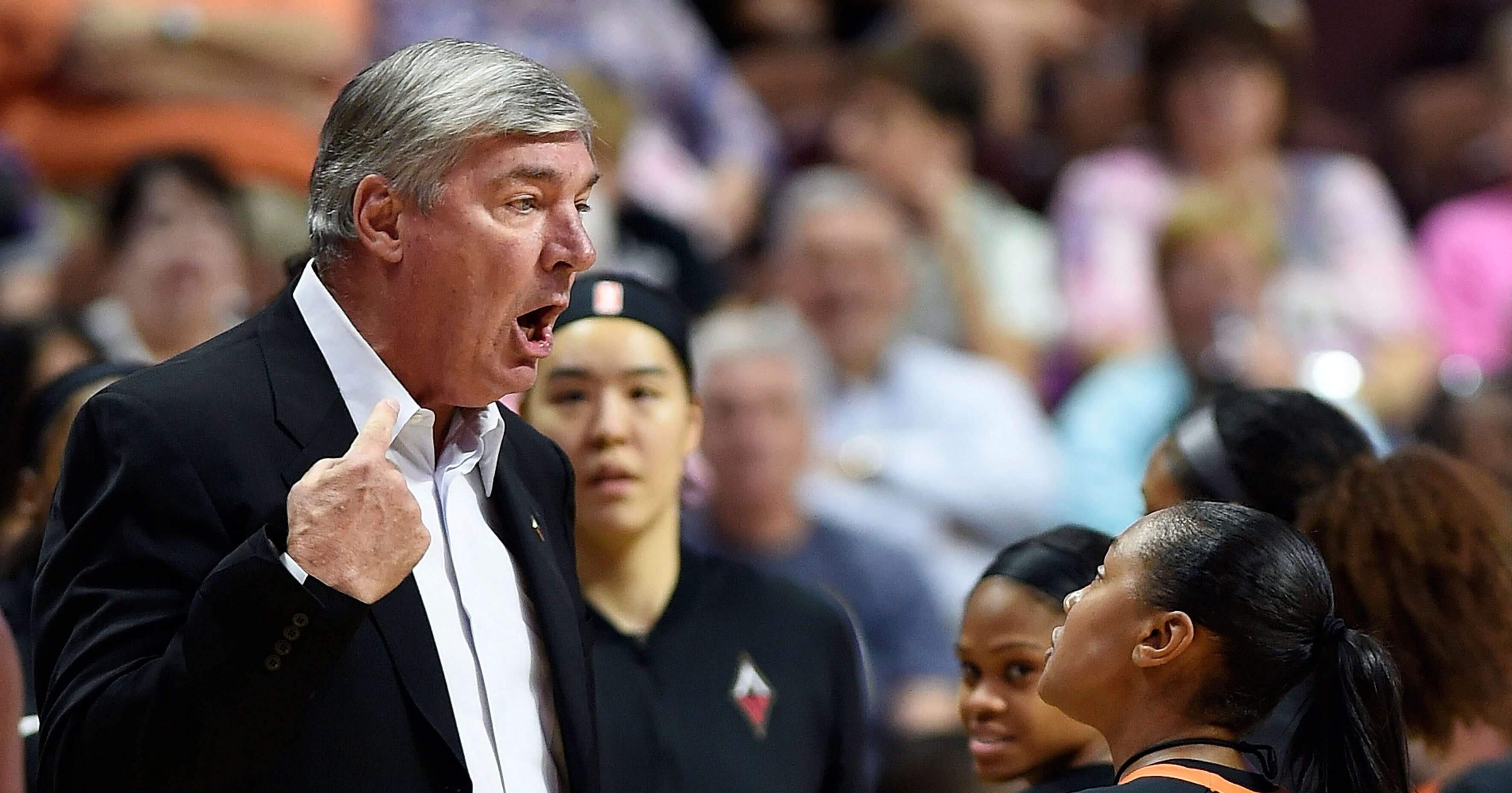 In this Sunday, Aug. 5, 2018, file photo, Las Vegas Aces head coach Bill Laimbeer, left, offers his opinion on a call to official Fatou Cissoko-Stevens during the first half of WNBA basketball game action against the Connecticut Sun in Uncasville, Conn.