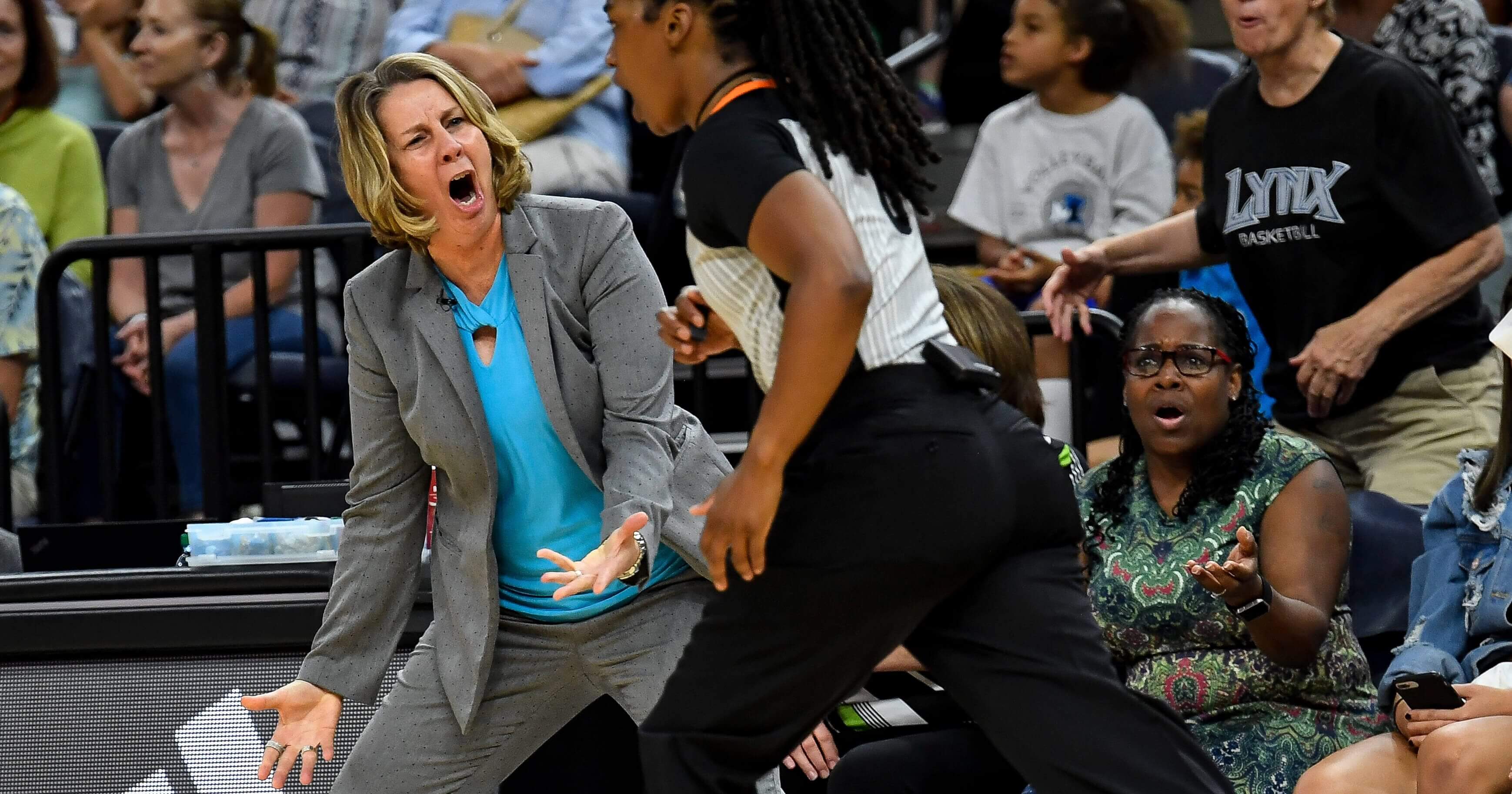 In this July 5, 2018, file photo, Minnesota Lynx coach Cheryl Reeve argues a foul call with an official, leading to a double technical foul and Reeve's ejection during the second half of the team's WNBA basketball game against the Los Angeles Sparks in Minneapolis. Technical fouls are up this year in the WNBA with more already called this season than last.