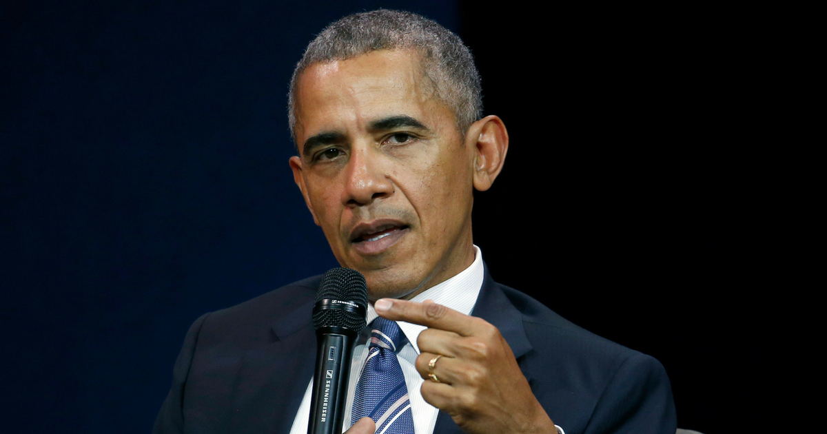 Former U.S. President Barack Obama delivers a speech during the 7th summit of 'Les Napoleons' at Maison de la Radio on December 2, 2017 in Paris, France.