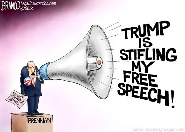 John Brennan shouts from a megaphone that Donald Trump's revocation of his security clearance is stifling his free speech.
