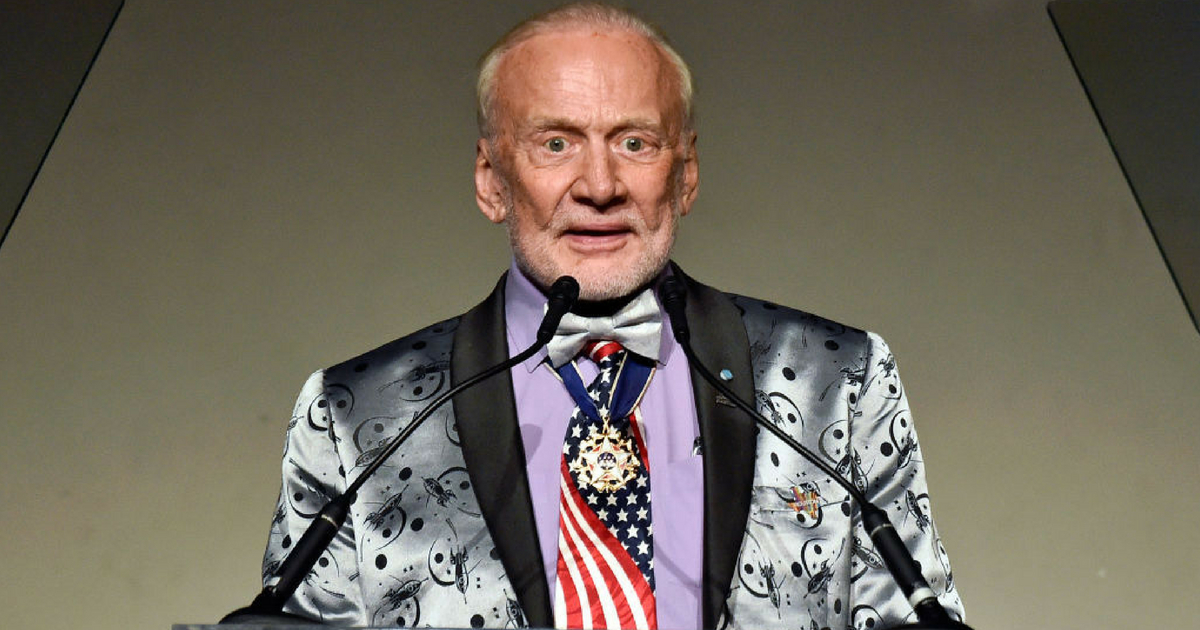 Buzz Aldrin speaks onstage during the 15th Annual Global Green Pre Oscar Party at NeueHouse Hollywood on February 28, 2018 in Los Angeles, California.