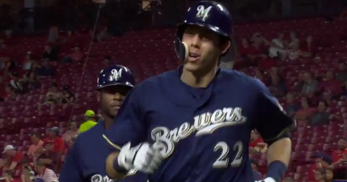 Milwaukee's Christian Yelich celebrates after hitting a home run