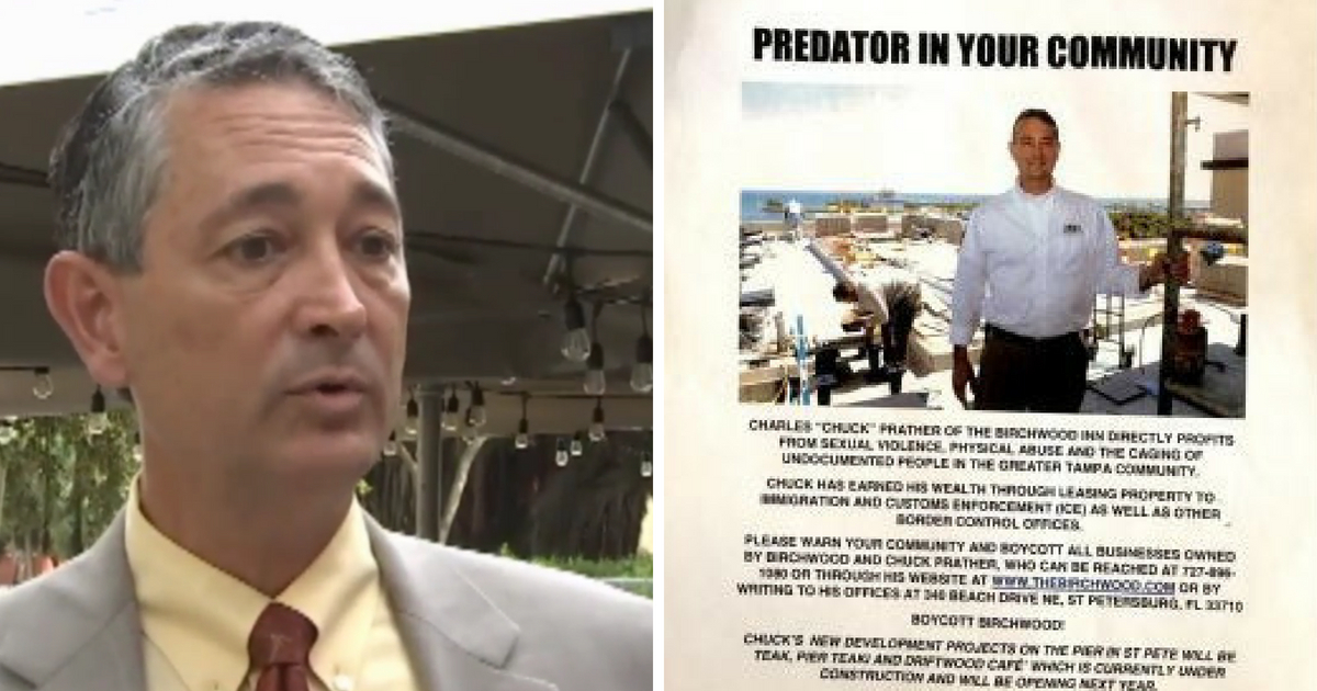 Protesters are labeling developer Chuck Prather of St. Petersburg, Florida, a "predator" because Immigration and Customs Enforcement operates out of space he rents to the federal government.
