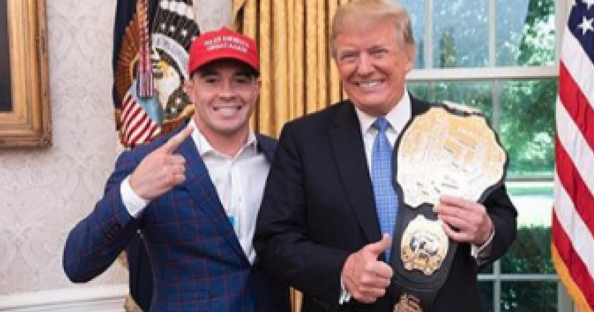 UFC champion Colby Covington with his UFC title belt and President Donald Trump