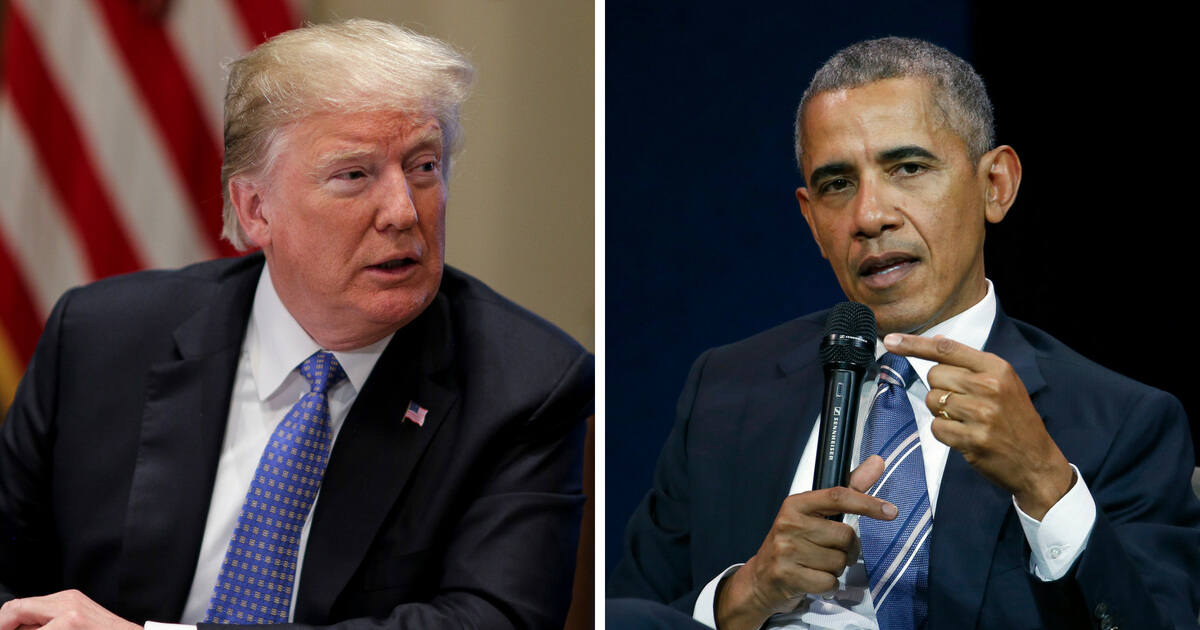 Left: U.S. President Donald Trump speaks during a meeting with inner city pastors in the Cabinet Room of the White House on Aug. 1, 2018, in Washington. Right: Former U.S. President Barack Obama delivers a speech during the 7th summit of 'Les Napoleons' at Maison de la Radio on December 2, 2017 in Paris, France.