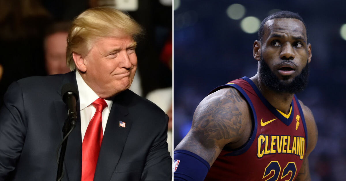 President Donald Trump in a red tie and LeBron James playing for the Cleveland Cavaliers