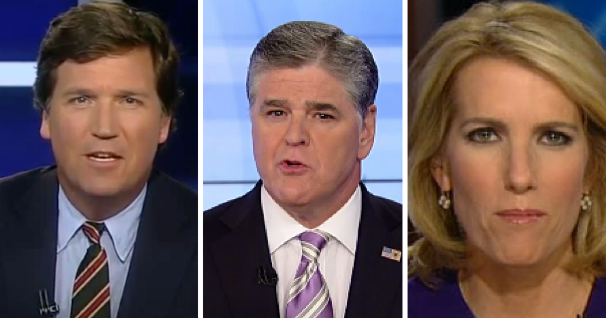 Fox News hosts Tucker Carlson, Sean Hannity and Laura Ingraham