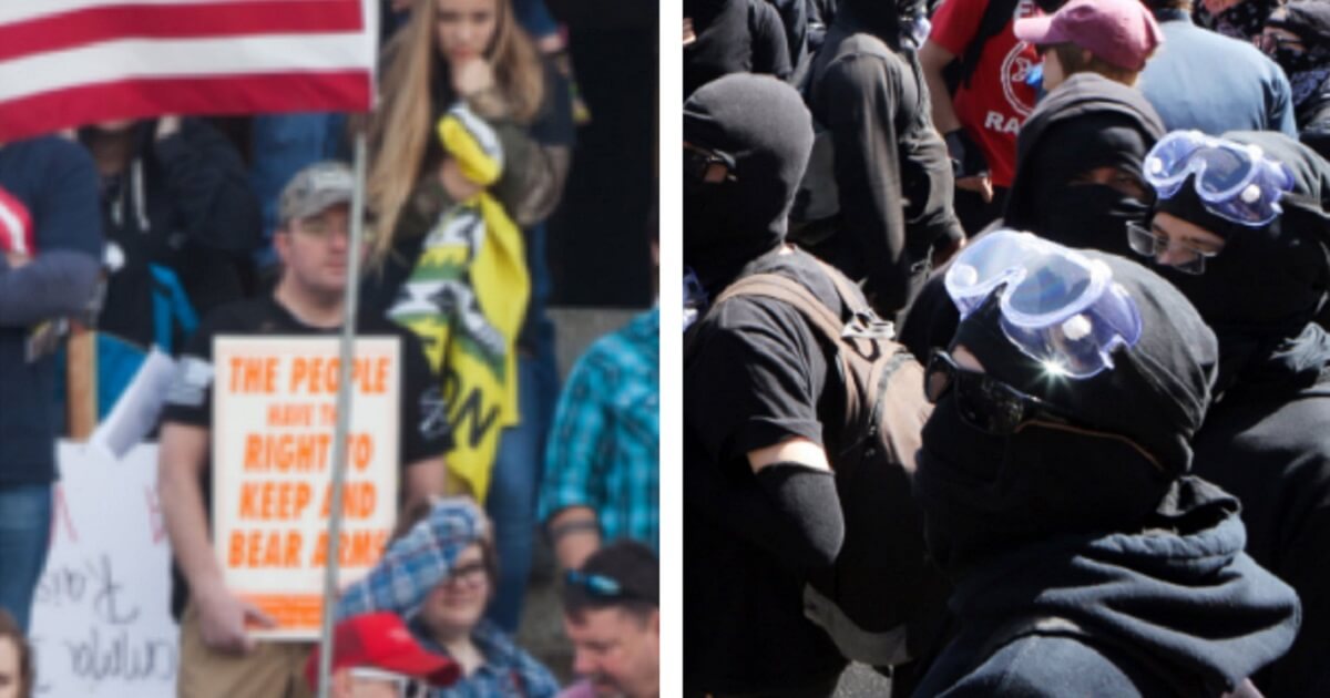 Gun rights protest, left. Separate image of antifa thugs with helmets on, right.