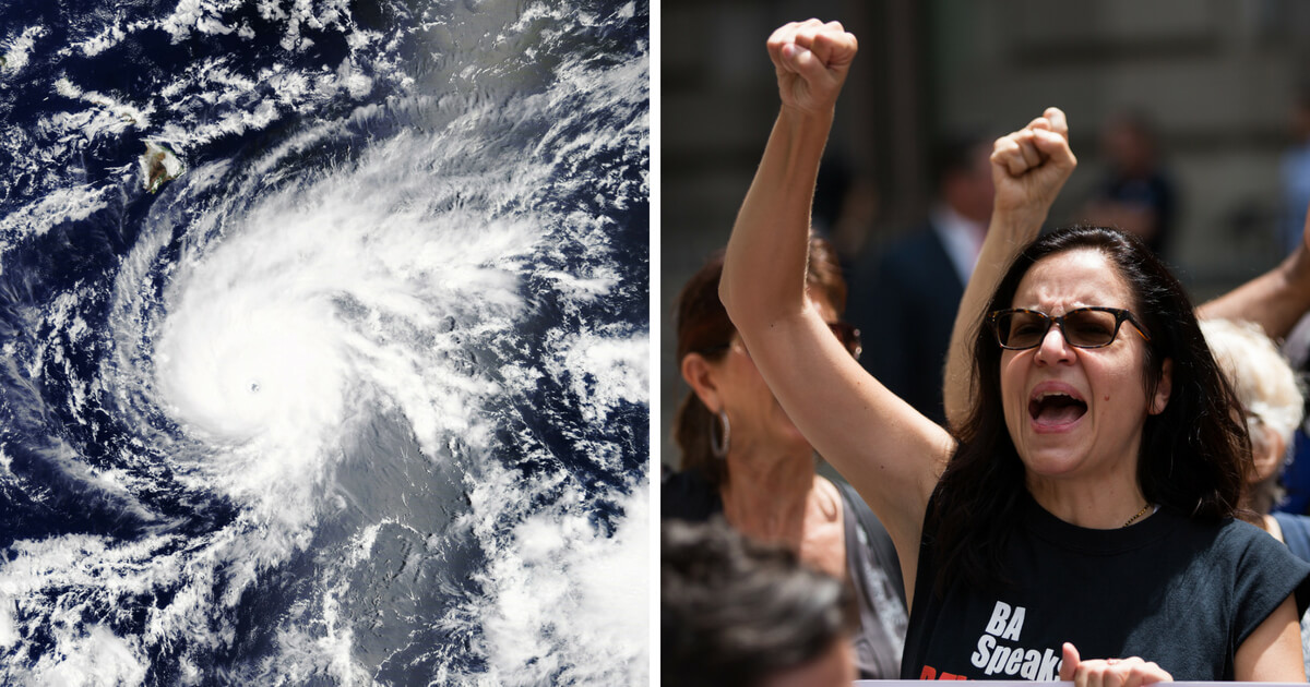 Left: A satellite image shows Hurricane Lane approaching Hawaii. Right: Activists protest the Trump administration's policies.