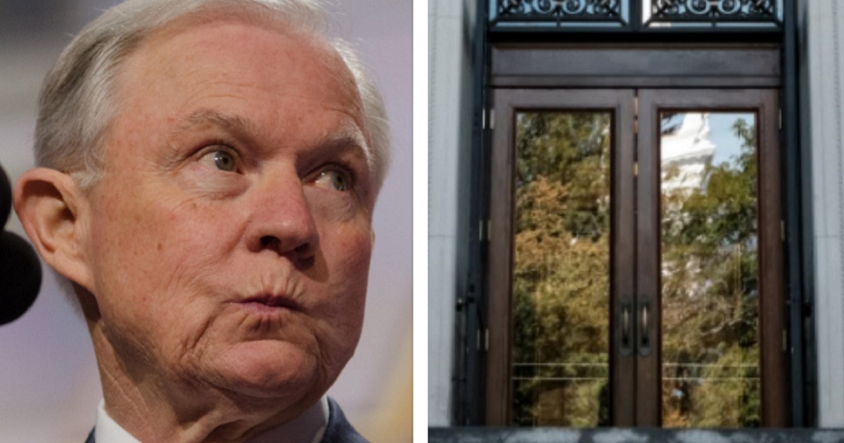 Jeff Sessions, left, Harvard library, right