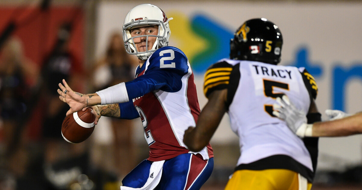 Quarterback Johnny Manziel #2 of the Montreal Alouettes looks to play the ball in the third quarter against the Hamilton Tiger-Cats during the CFL game at Percival Molson Stadium on August 3, 2018 in Montreal.
