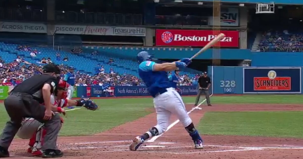 Kendrys Morales of the Blue Jays hits his seventh home run in as many games
