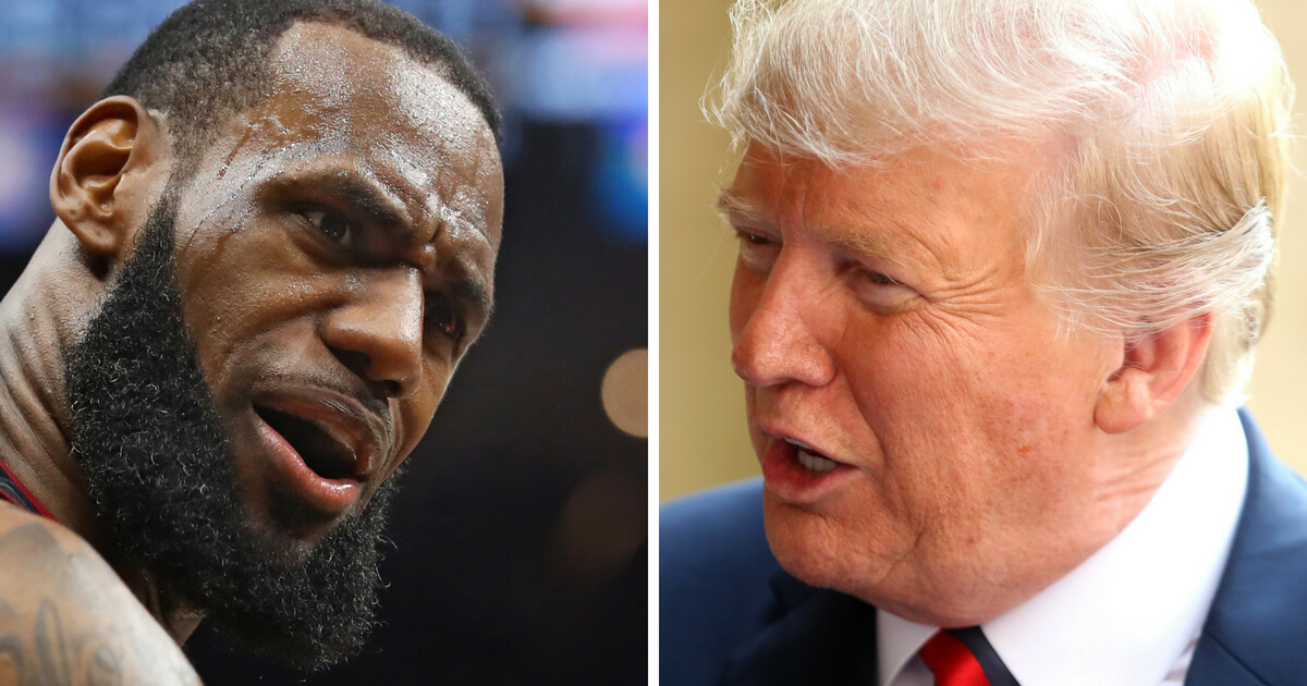 Left: LeBron James #23 of the Cleveland Cavaliers reacts against the Golden State Warriors during Game Three of the 2018 NBA Finals at Quicken Loans Arena on June 6, 2018 in Cleveland, Ohio. Right: President Donald Trump walks from the Quadrangle after inspecting an honor guard at Windsor Castle on July 13, 2018 in England.