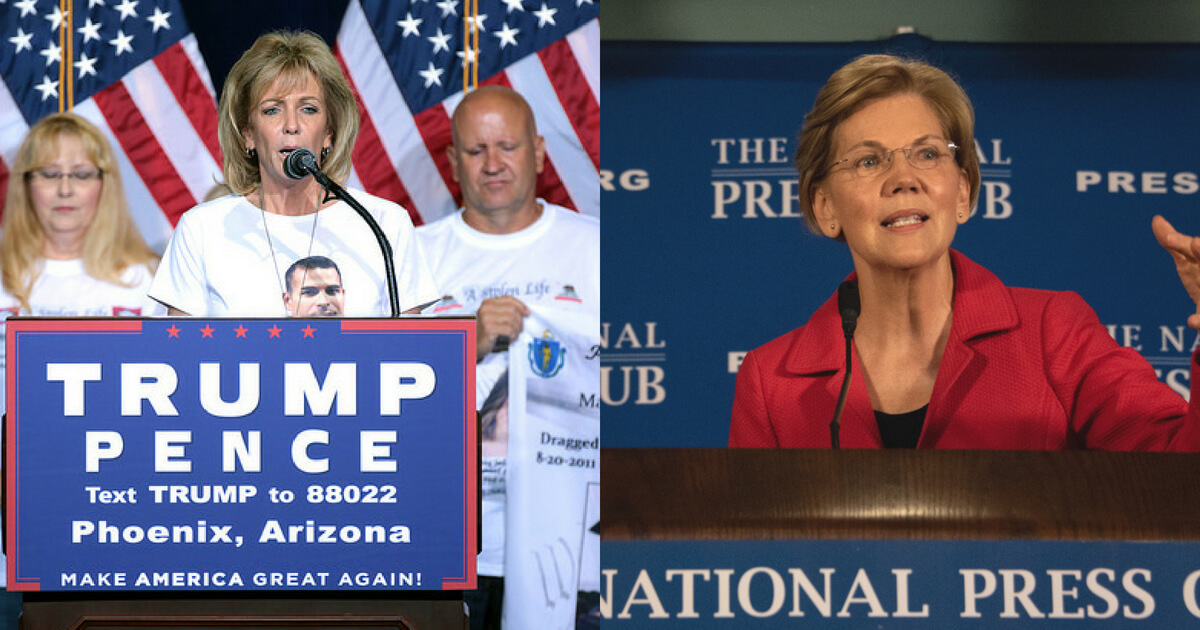 Angel mom wears a shirt with her son's face on it next to Elizabeth Warren in a red shirt.