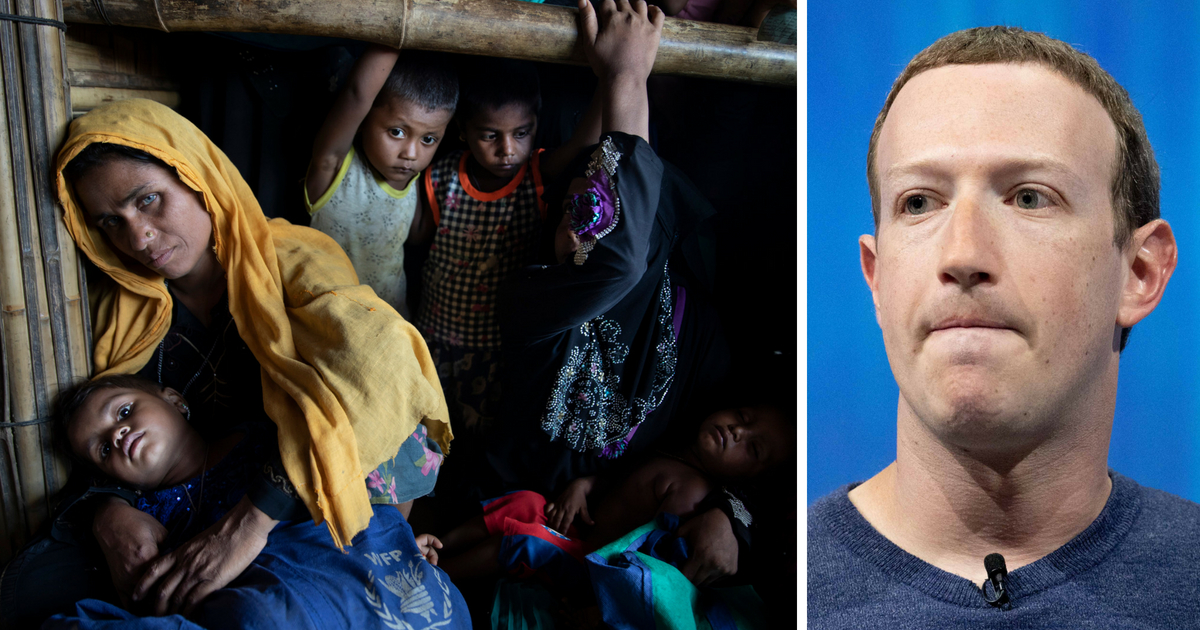 Rohingya refugees, left, and Facebook CEO Mark Zuckerberg, right.