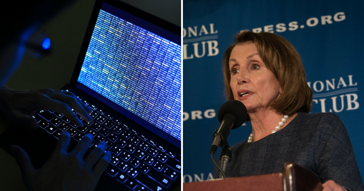 Someone hacking into a computer and Nancy Pelosi speaking