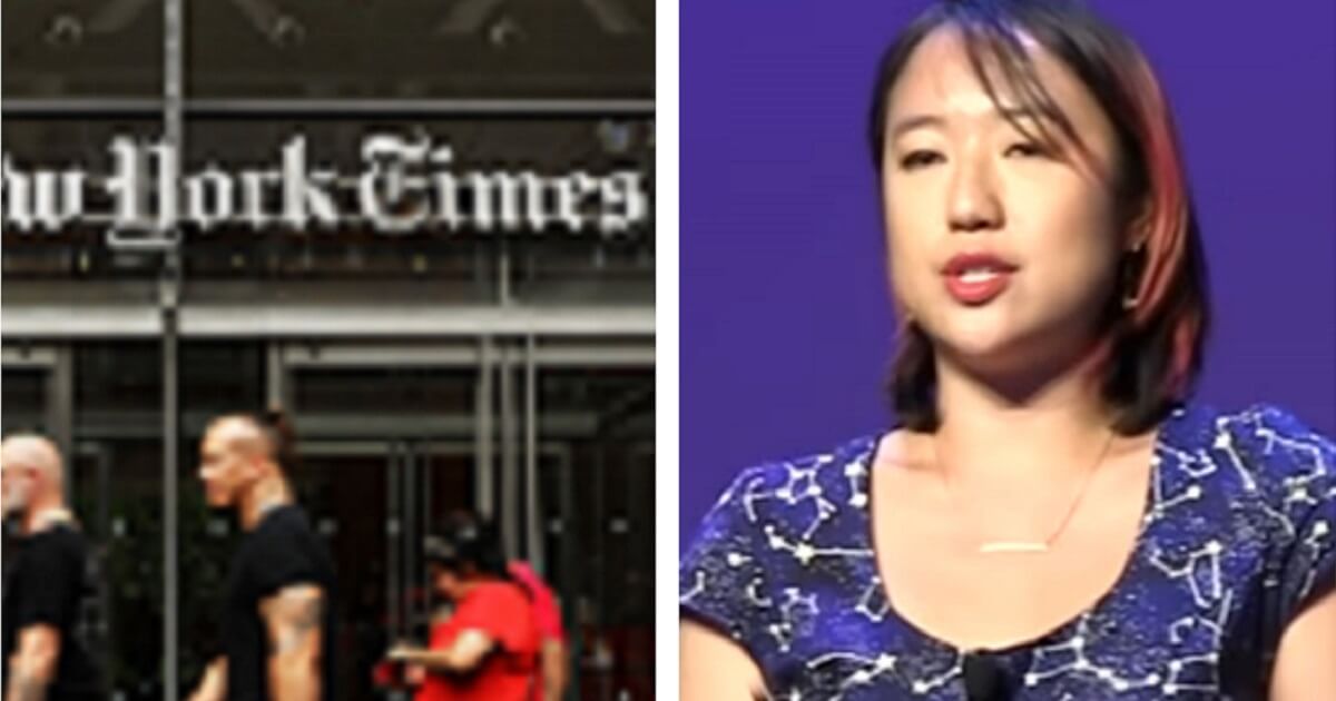 New York Times building, left, and Sarah Jeong