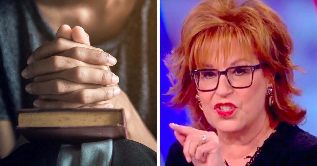 Woman praying contrasted by Joy Behar of "The View."