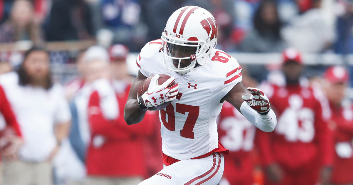 Quintez Cephus of the Wisconsin Badgers runs after a catch during a game against the Indiana Hoosiers at Memorial Stadium on Nov. 4, 2017 in Bloomington, Indiana.