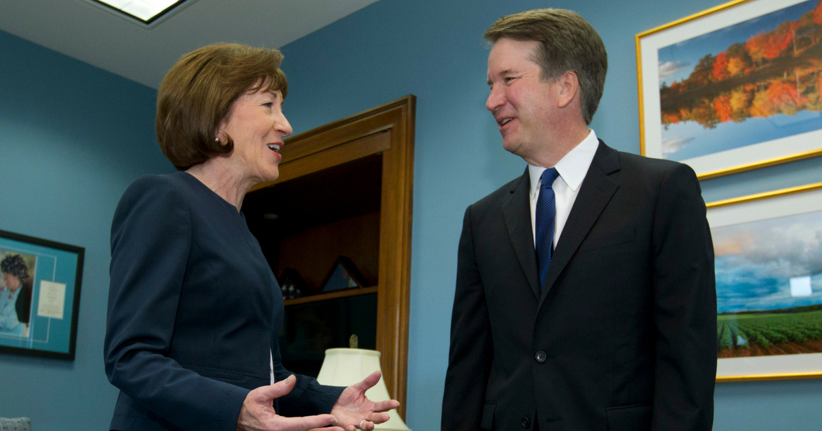 Sen. Susan Collins of Maine speaks with Supreme Court nominee Judge Brett Kavanaugh at her office, before a private meeting on Capitol Hill in Washington on Tuesday, Aug. 21, 2018.