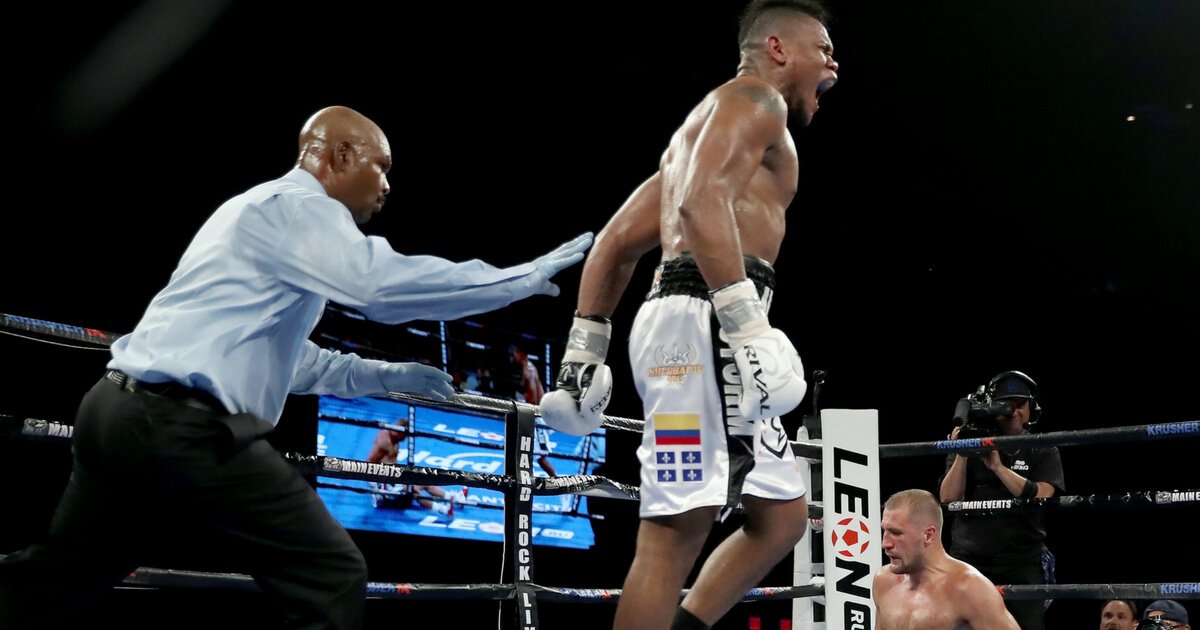 Eleider Alvarez celebrates after he knocked down Sergey Kovalev for the first time during the WBO/IBA Light Heavyweight Title bout at the Hard Rock Hotel & Casino Atlantic City on August 4, 2018, in Atlantic City, New Jersey. Kovalev was knocked out in the seventh round.