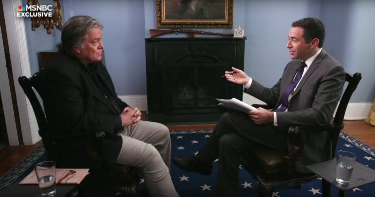 MSNBC's Ari Melber, right, interviews former White House strategist Steve Bannon.