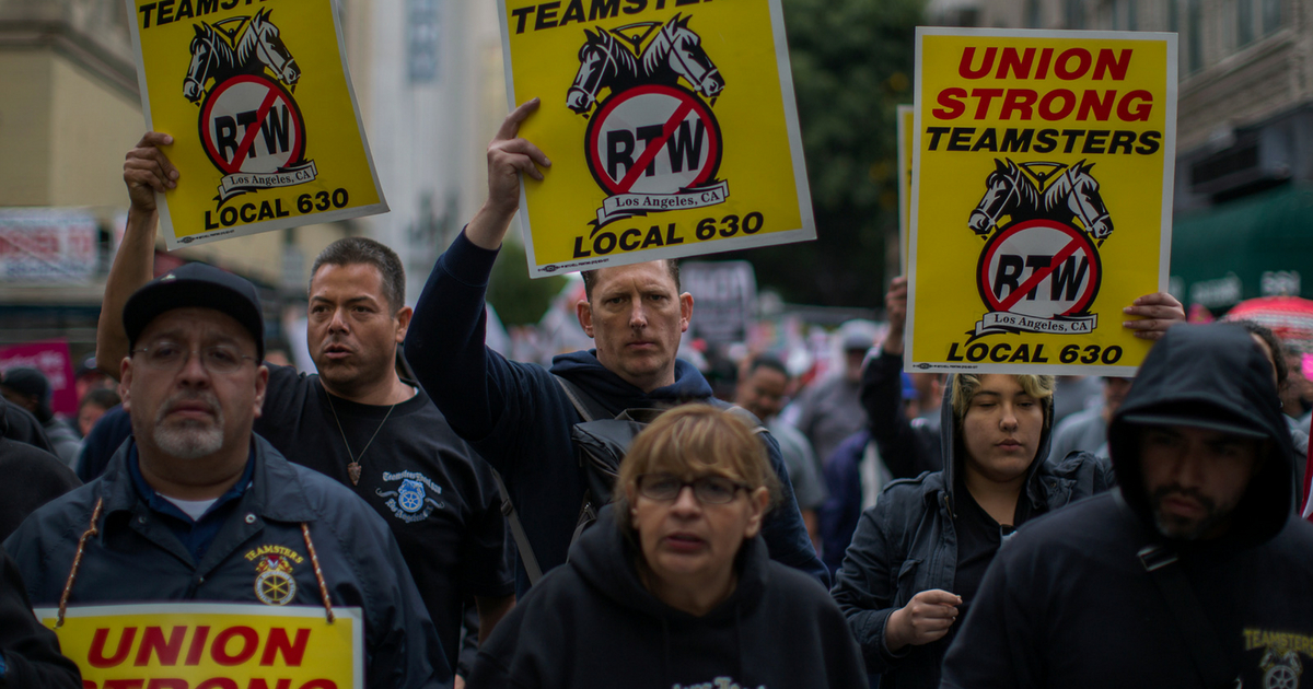 Teamsters march on May Day, on May 1, 2018 in Los Angeles.