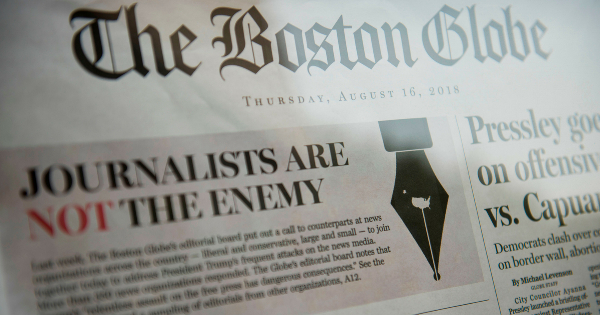 The front page of the Boston Globe August 16, 2018 edition is on display outside the Newseum in Washington D.C. on August 16, 2018.