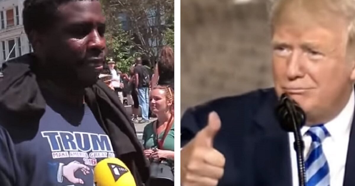 Black man being interviewed, left, Donald Trump giving thumbs-up sign, right.