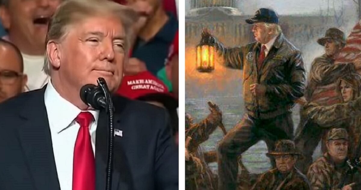 Donald Trump, left, with part of the portrait, right.