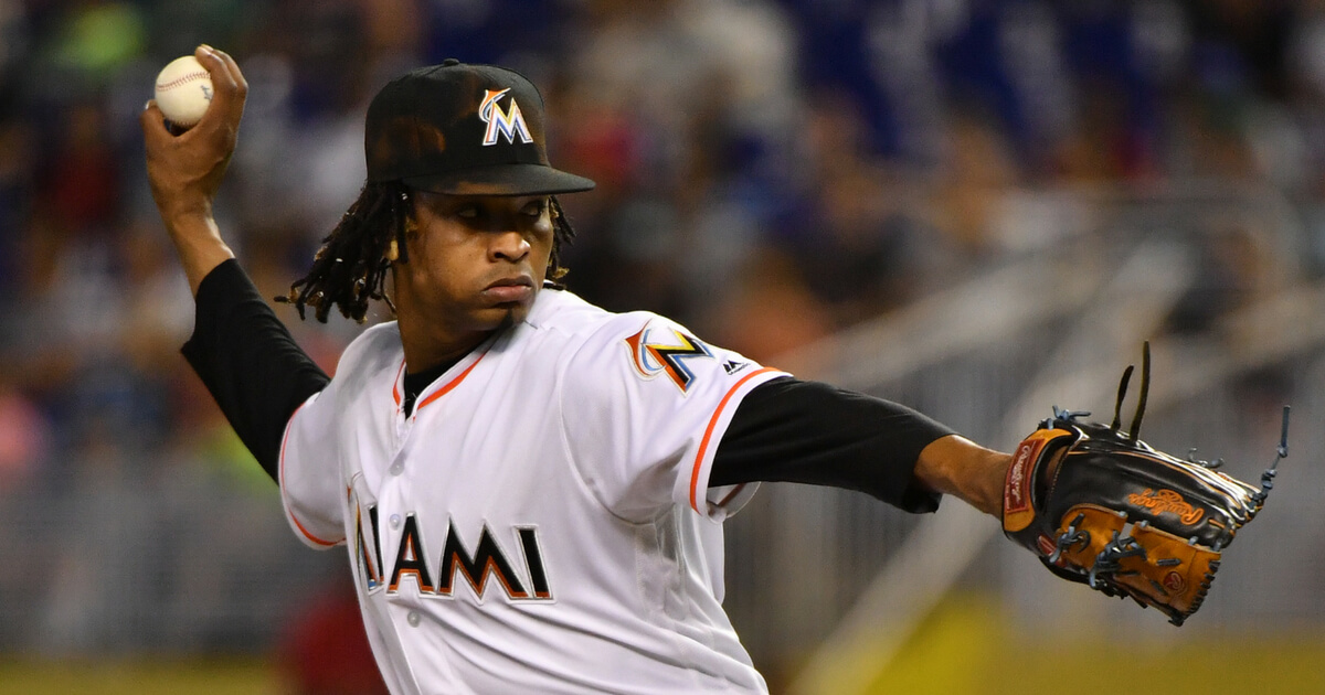 Jose Urena of the Miami Marlins pitches in the third inning against the Washington Nationals at Marlins Park on July 29, 2018 in Miami.