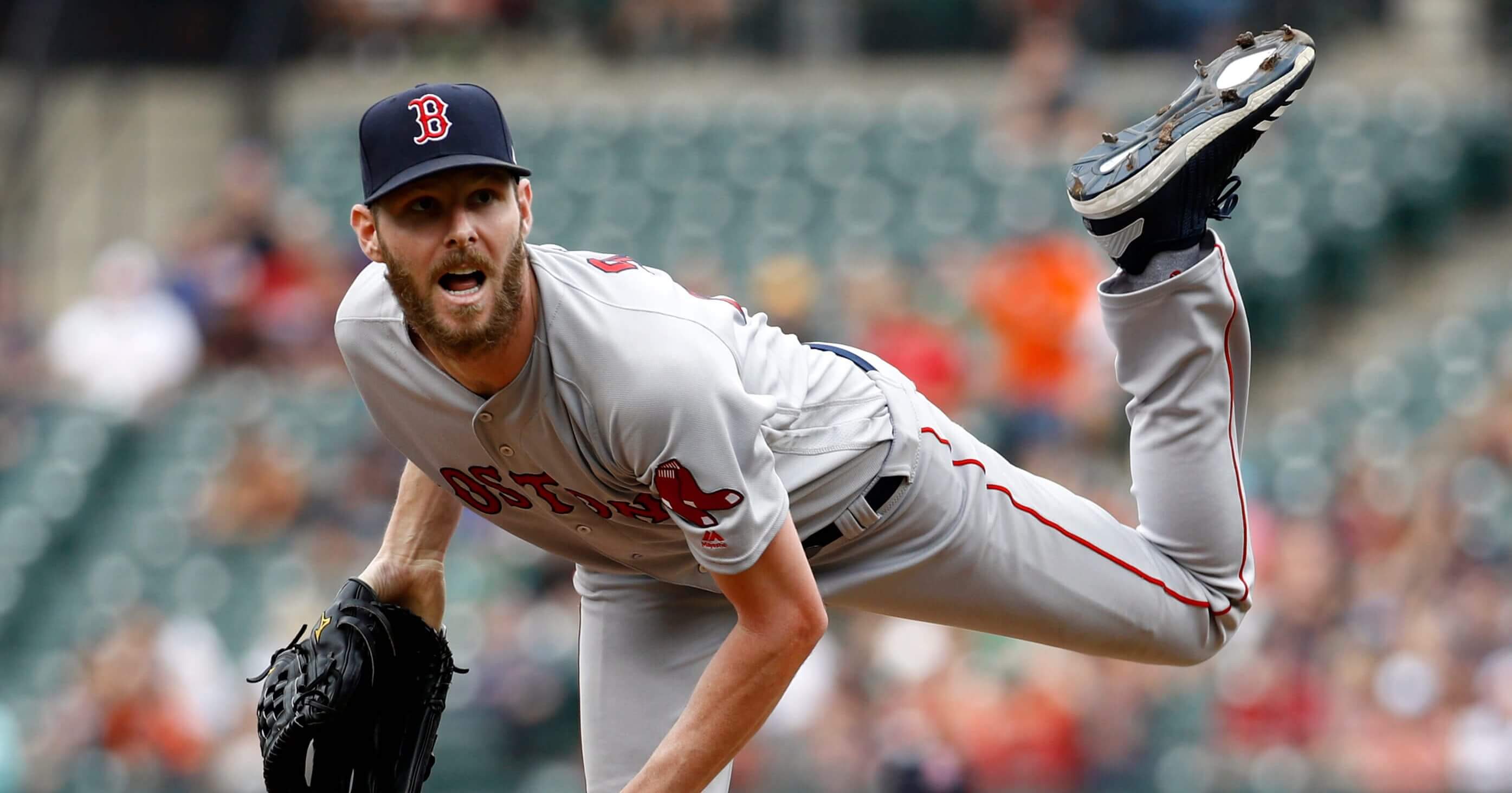 Boston Red Sox starting pitcher Chris Sale follows through on a pitch to the Baltimore Orioles in the first inning of a baseball game Sunday at Camden Yards.