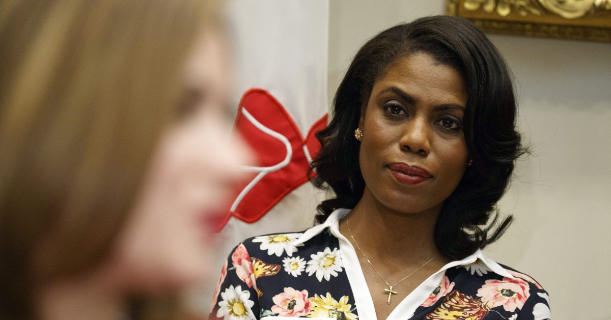 Omarosa Manigault-Newman, then an aide to President Donald Trump, watches during a meeting with parents and teachers in the Roosevelt Room of the White House in Washington.