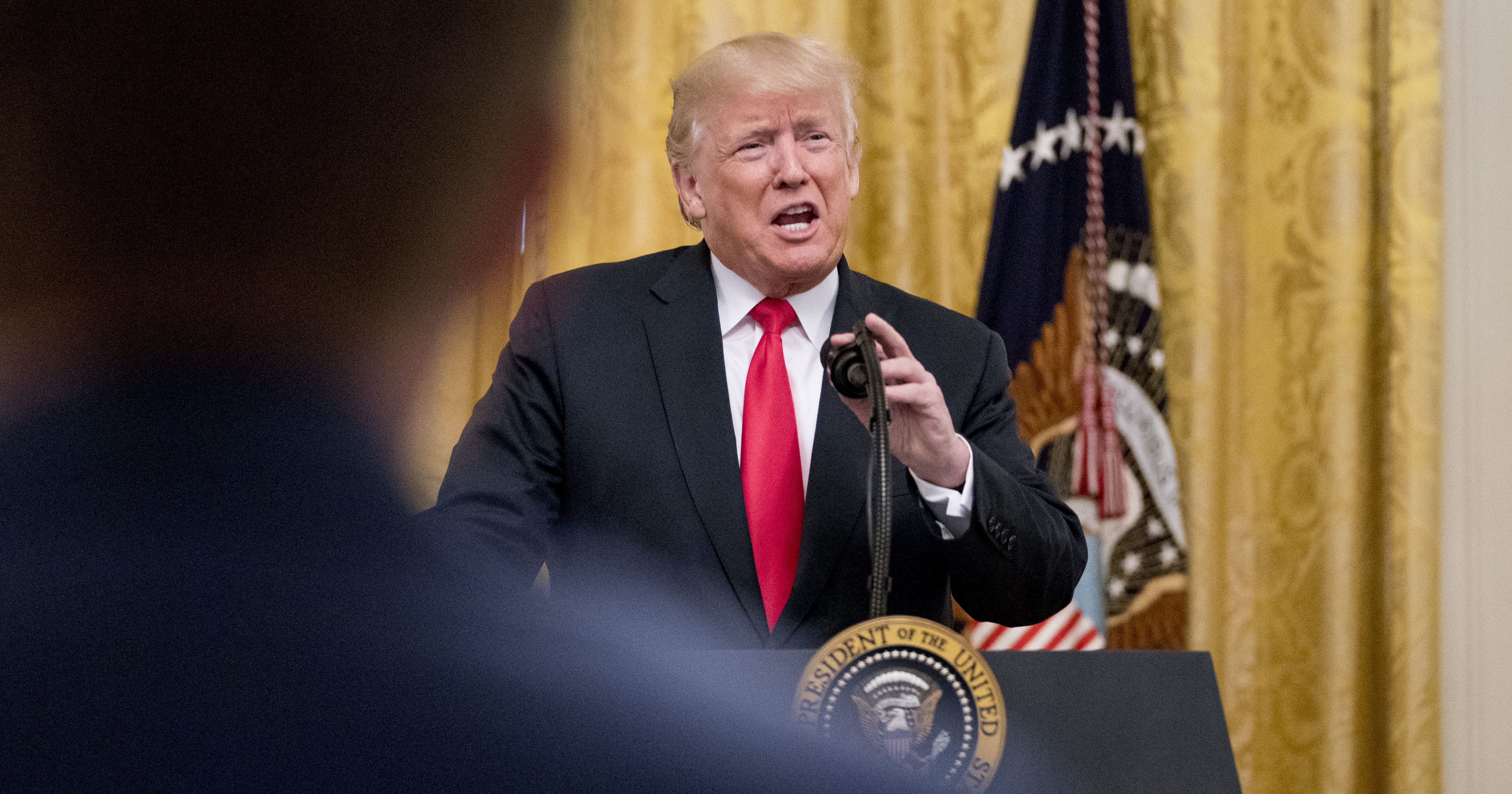 President Donald Trump speaks during an event to salute U.S. Immigration and Customs Enforcement officers and U.S. Customs and Border Protection agents in the East Room of the White House in Washington on Monday.