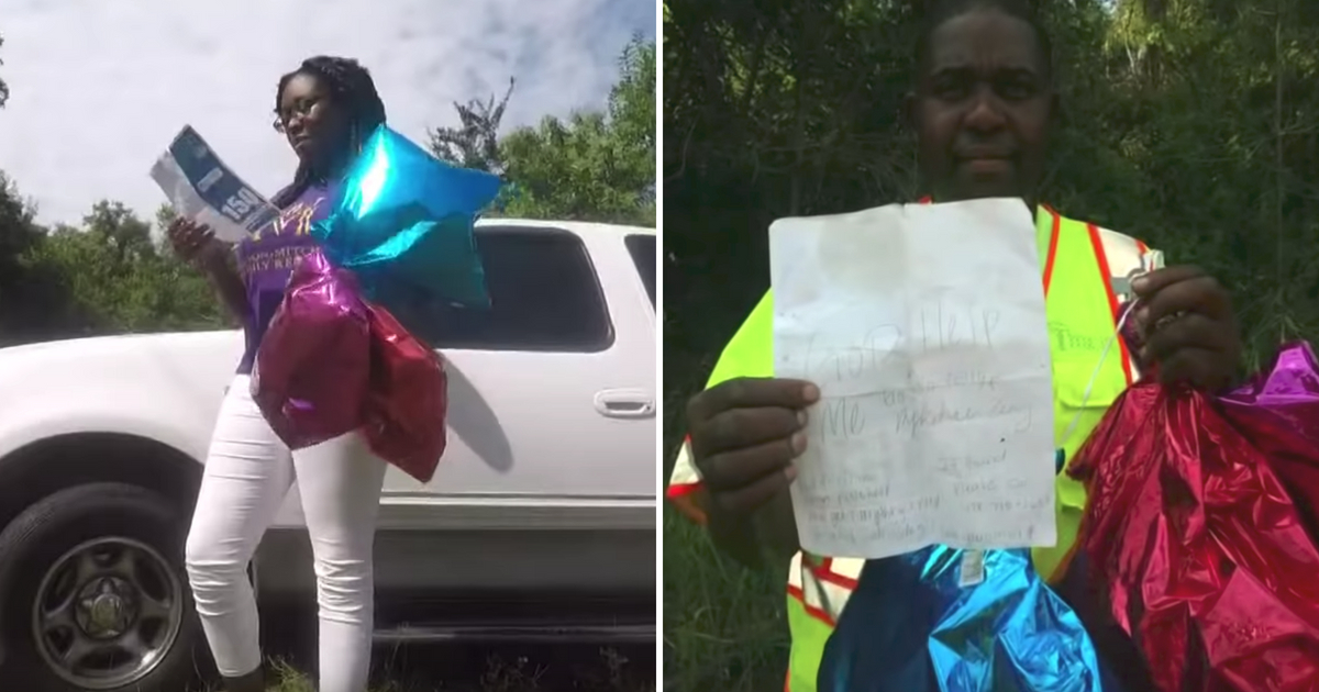 A girl sends a note attached to three balloons and a man finds it