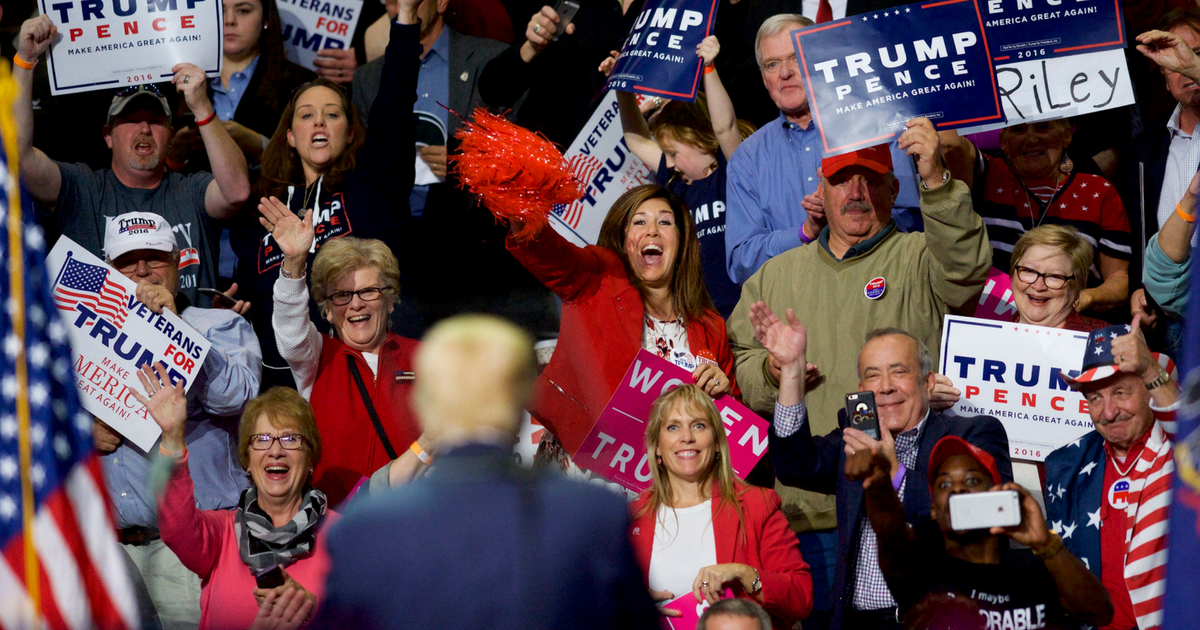 Supporters cheer Republican Presidential nominee Donald J. Trump during a rally at Giant Center November 4, 2016 in Hershey, Pennsylvania.