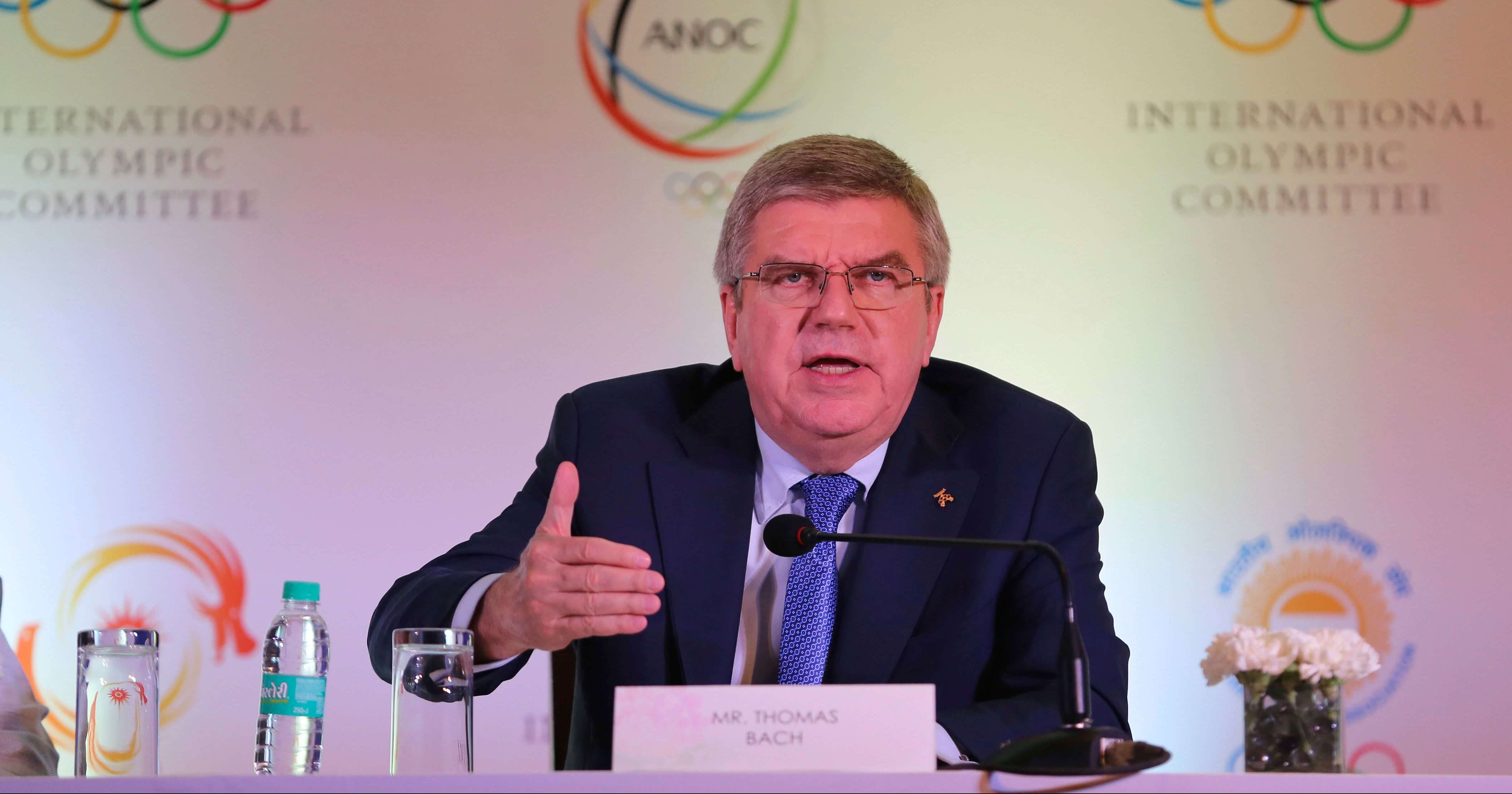International Olympic Committee President Thomas Bach addresses a press conference April 19 in New Delhi.