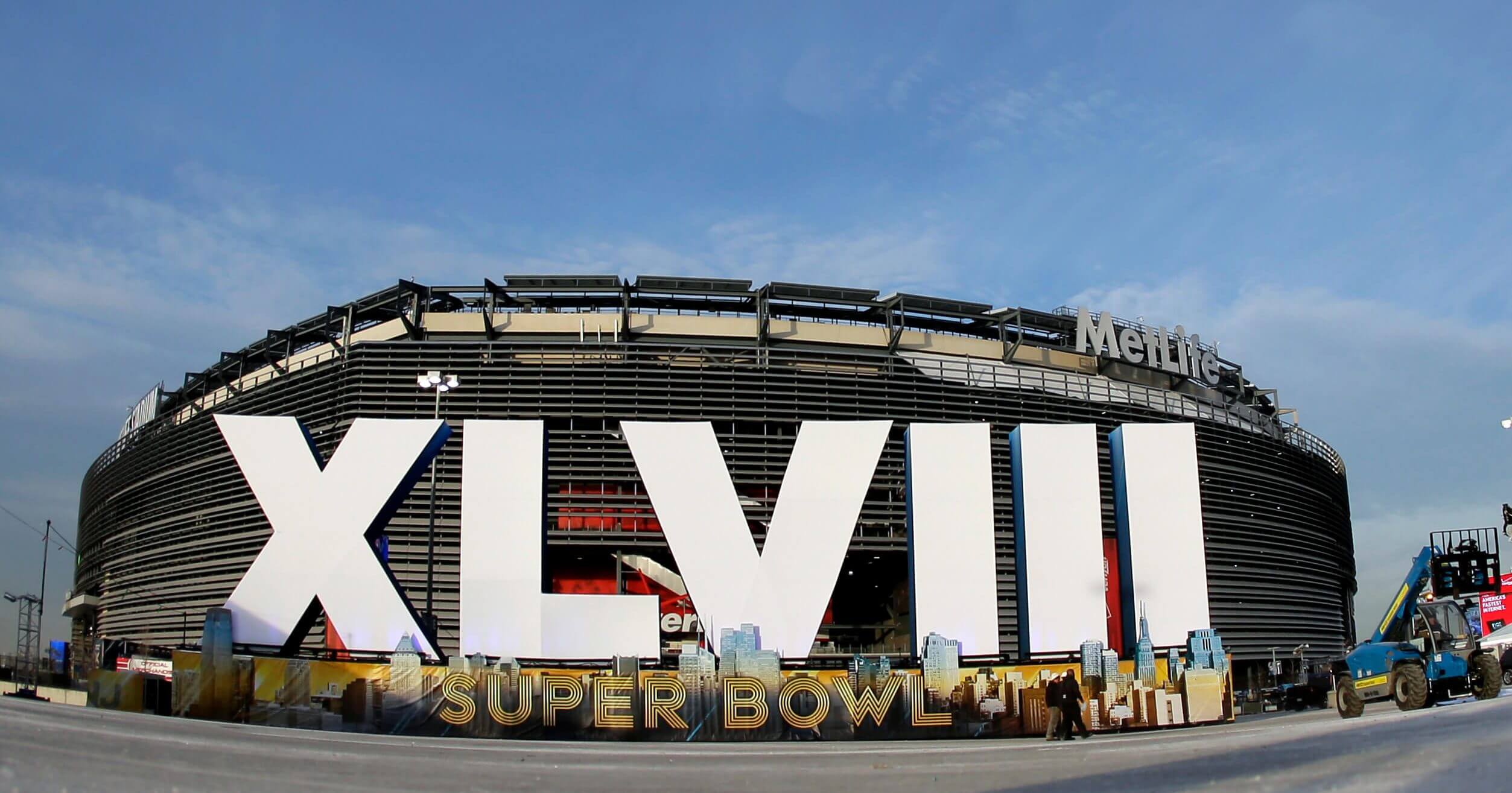 A sign for Super Bowl XLVIII stands in front of MetLife Stadium in East Rutherford, New Jersey, on Feb. 1, 2014.
