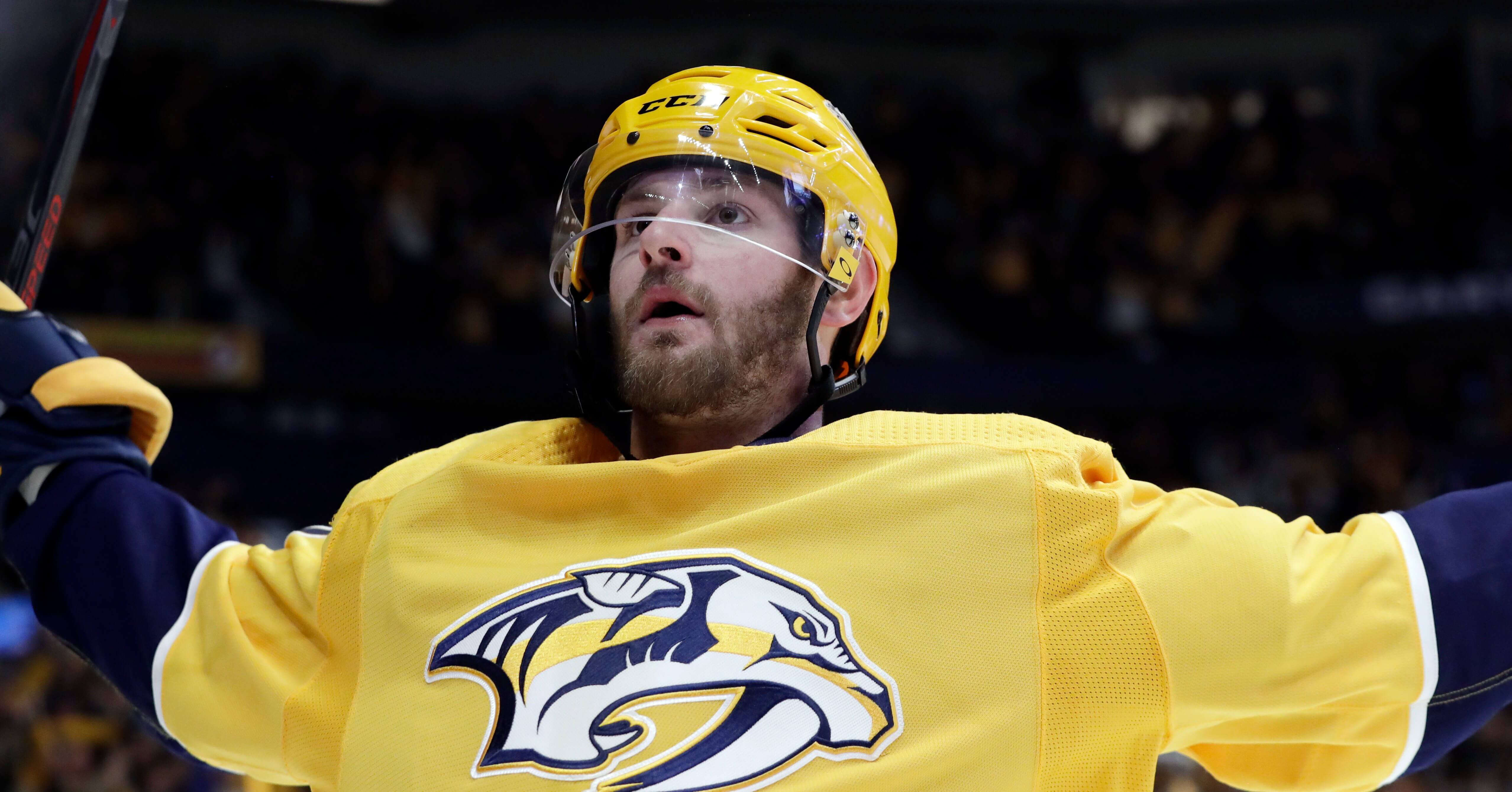 Predators left wing Austin Watson celebrates after scoring a goal against the Anaheim Ducks in the second period of a game in Nashville, Tennessee.